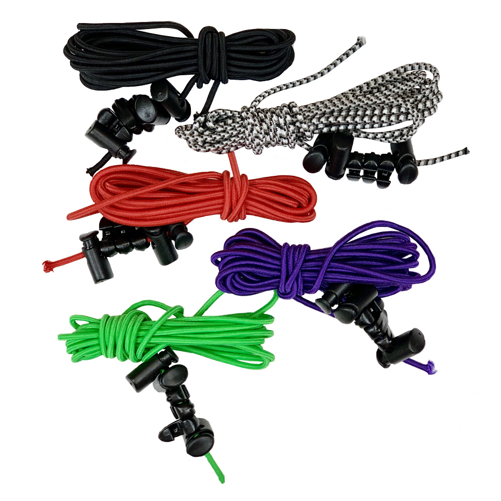 Image Showing Bungee Cord Colors (top to bottom): Black, Speckled, Red, Purple, Lime