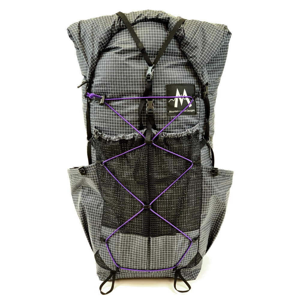 A purple bungee cord on an MLD backpack