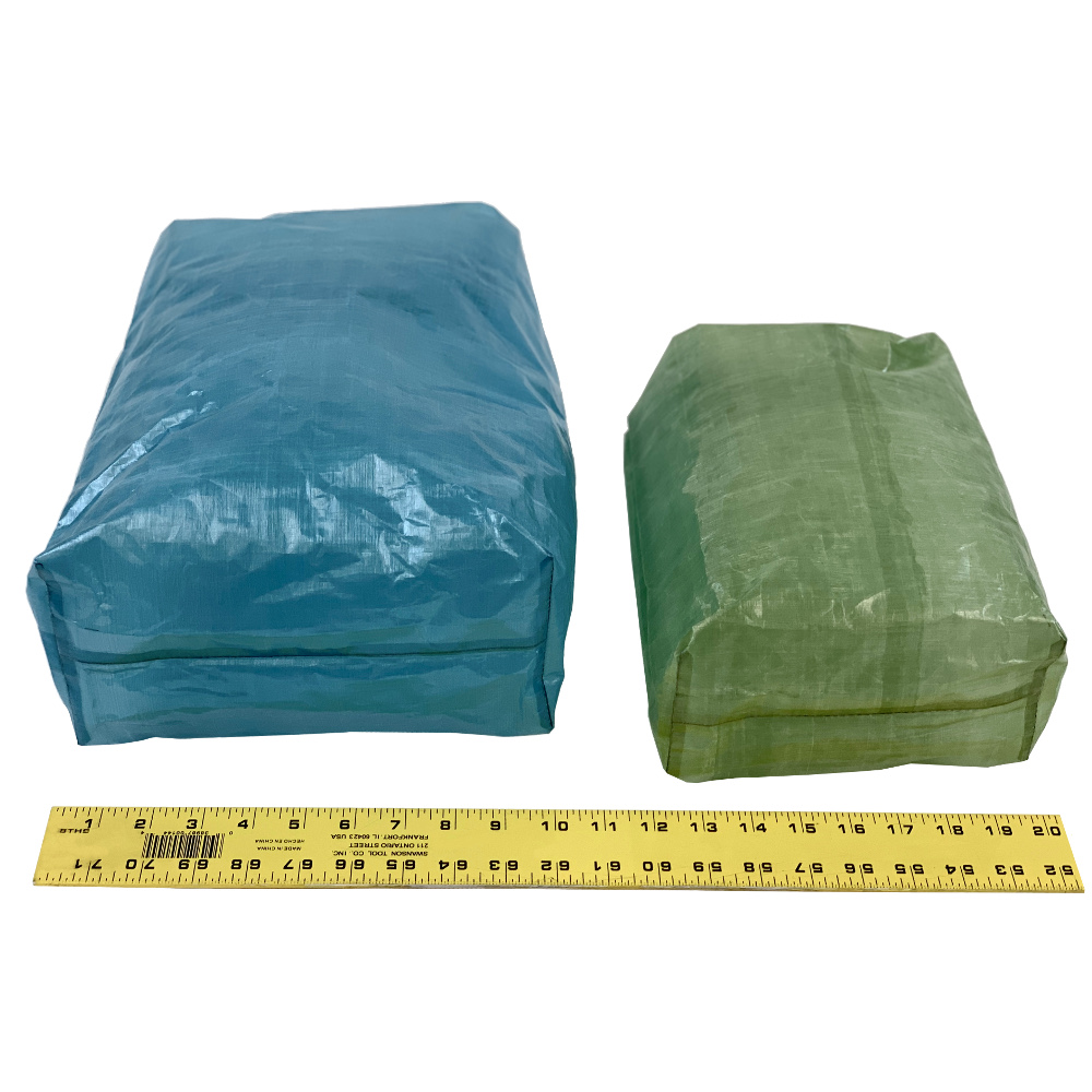 A bottom image of the DCF Large and Small Food Bags showing their Flat-bottoms and widths of 10" (large) and 8" (Small)