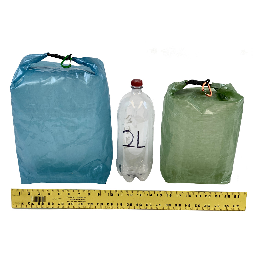 DCF Food Bag Size comparison showing Large on the left, a 2L soda bottle in the middle, and a small on the right