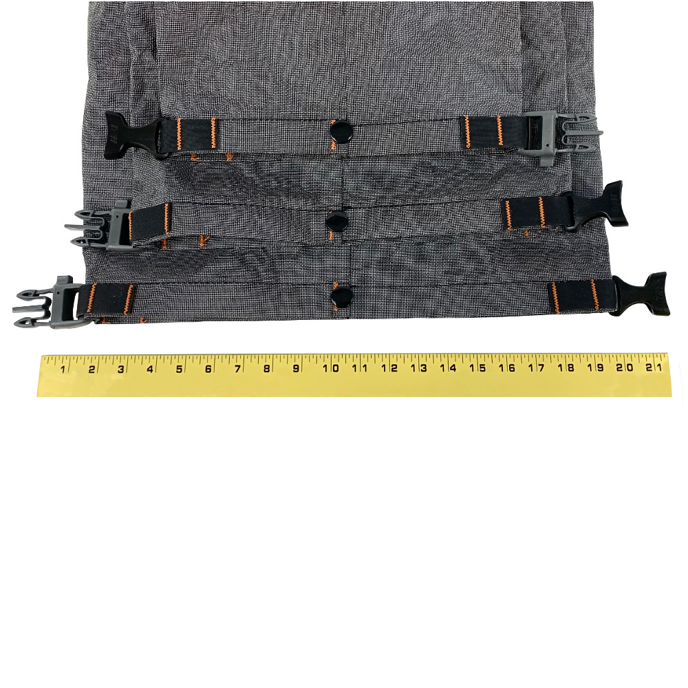 Image shows the roll-top end of a Small, Medium, and Large MLD Handlebar Double End Bag laid flat next to a measuring tape to show the difference in width.