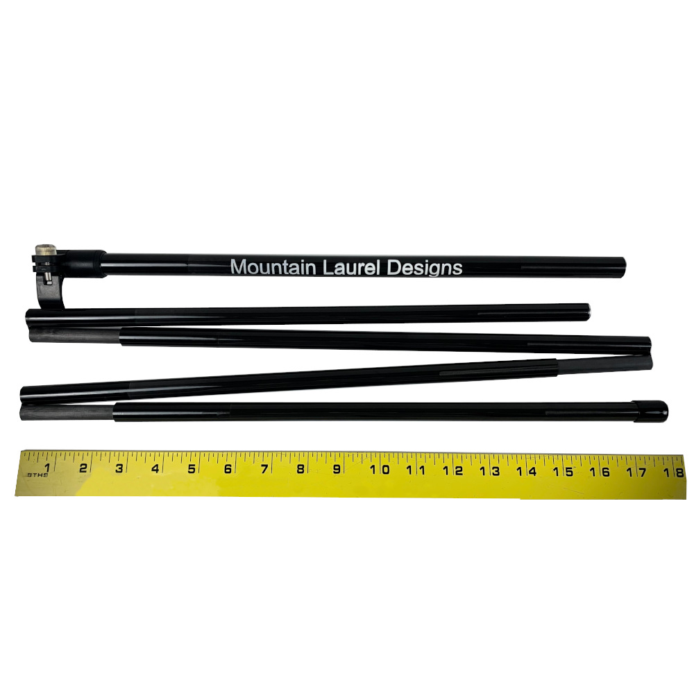 XL Omni Camlock Tent Poles showing 5 sections folded next to a measuring tape measuring them at 18"