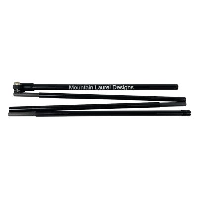 A view of a folded XL Omni Camlock Tent Pole. Pole is black with "Mountain Laurel Designs" in white.