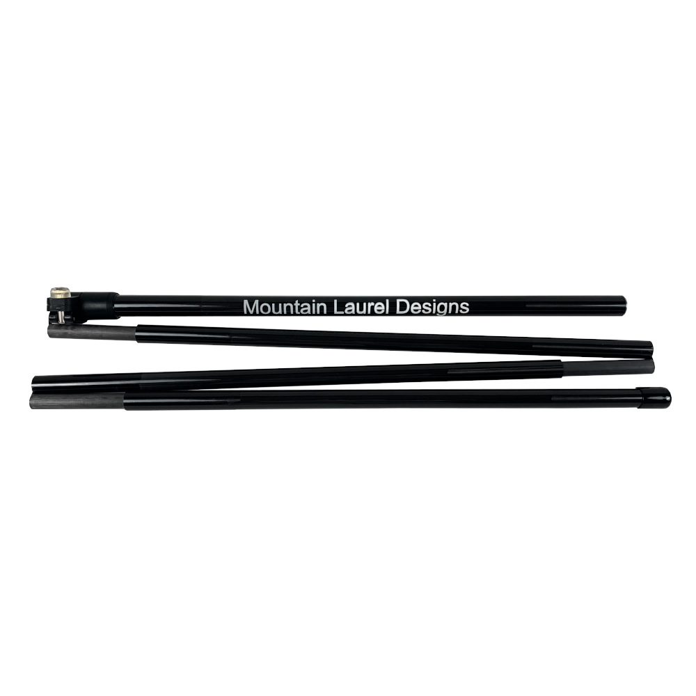 A view of a folded XL Omni Camlock Tent Pole. Pole is black with "Mountain Laurel Designs" in white.